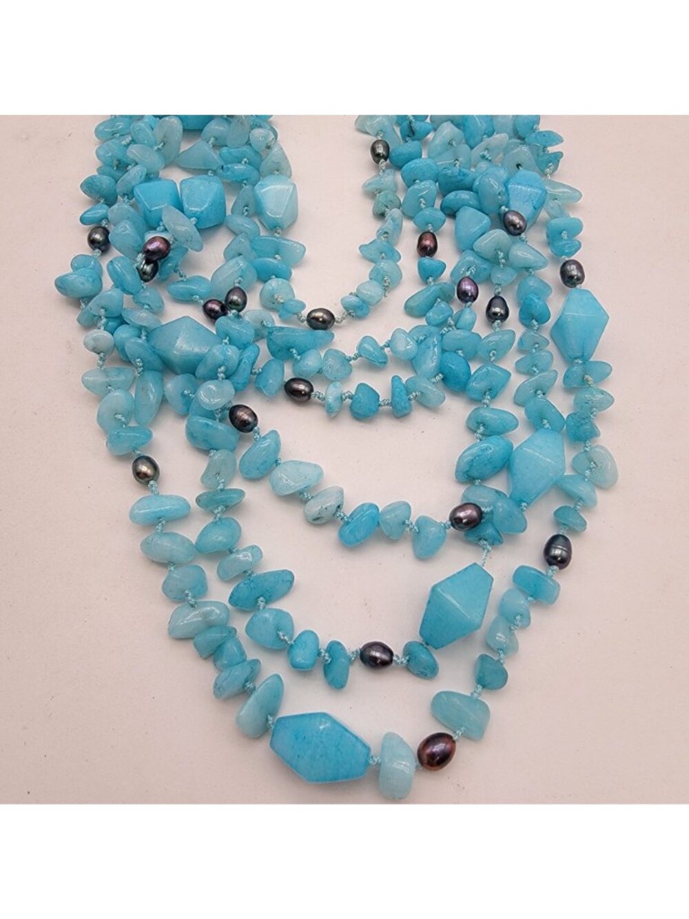Artisan Blue Caribbean Quartz Gemstone & Peacock Pearls Multi-Strand Necklace - Picture 3 of 5